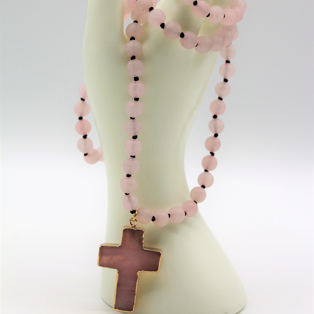 Rose quartz cross knotted necklace